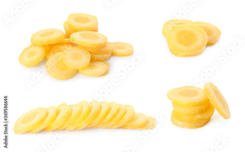 Set of yellow carrot slices on white background, banner design