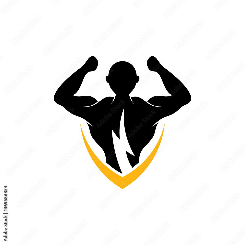 Fitness logo. Logo design of muscular man silhouette with thunder and shield frame. Emblem badge logo template Fitness logo. Logo design of muscular man silhouette with thunder and shield frame. Emblem badge logo template