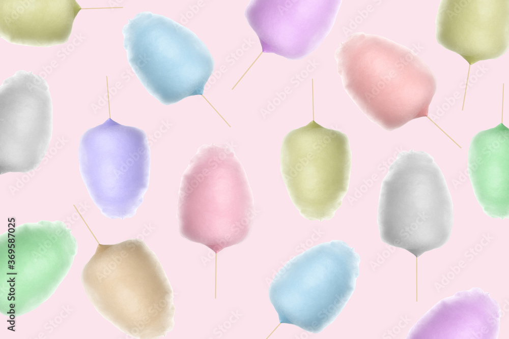 Collage with cotton candy on pale pink background, pattern design Collage with cotton candy on pale pink background, pattern design