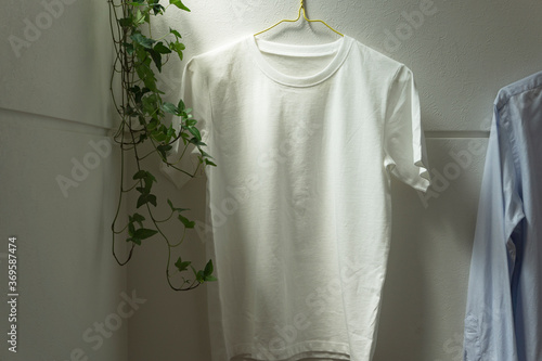 One white T-shirt hung in the room.  Room, living room, room drying, laundry, etc.. 部屋にかけられた一枚の白いtシャツ。部屋、リビング、部屋干し、洗濯など photo