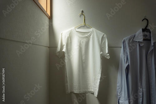 One white T-shirt hung in the room.  Room, living room, room drying, laundry, etc.. 部屋にかけられた一枚の白いtシャツ。部屋、リビング、部屋干し、洗濯など photo