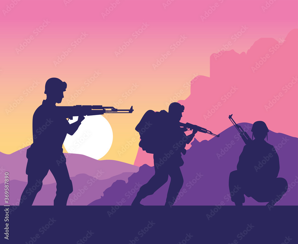 soldiers figures silhouettes at sunset scene