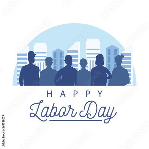 happy labor day celebration with workers silhouette on the city