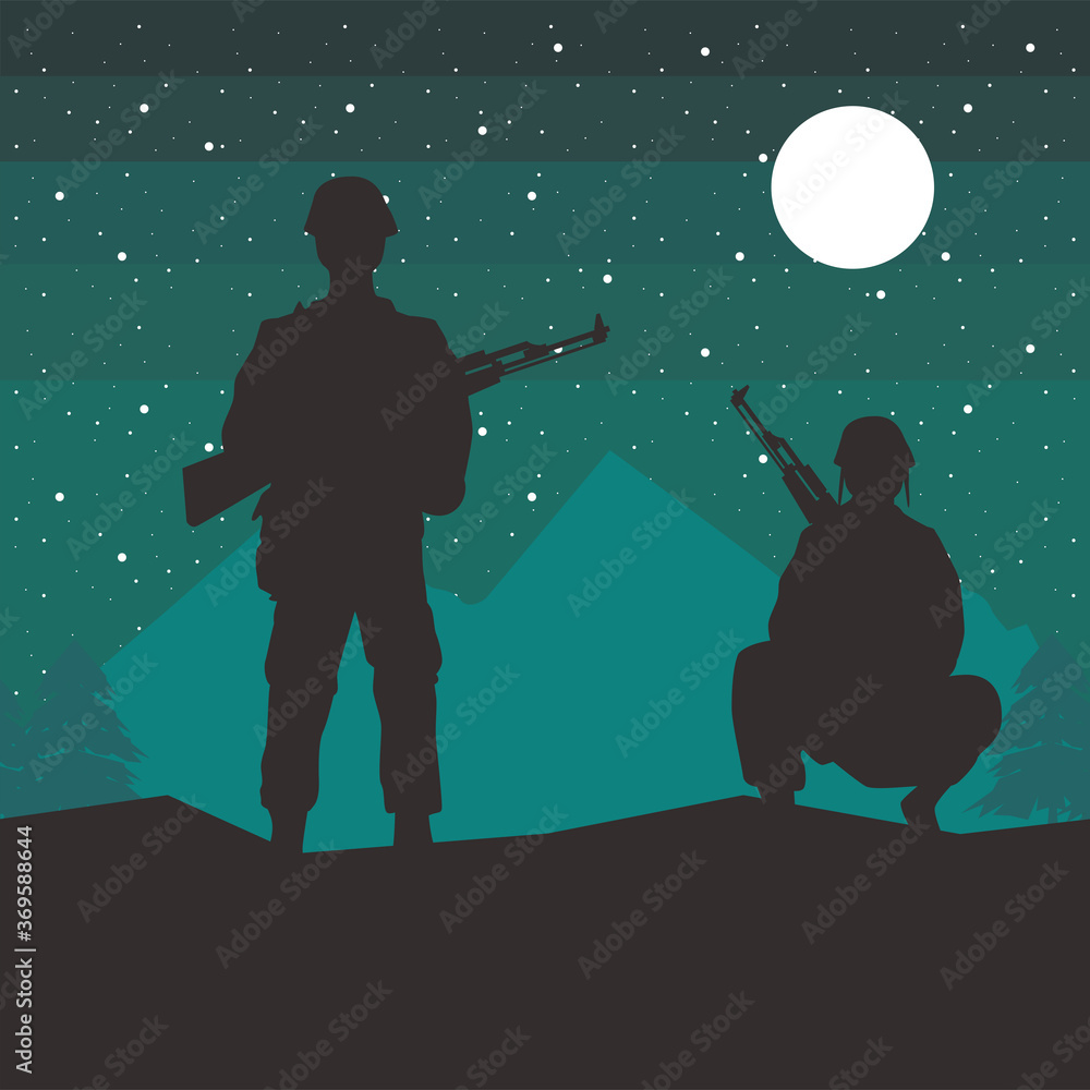 Naklejka premium soldiers figures silhouettes at night scene