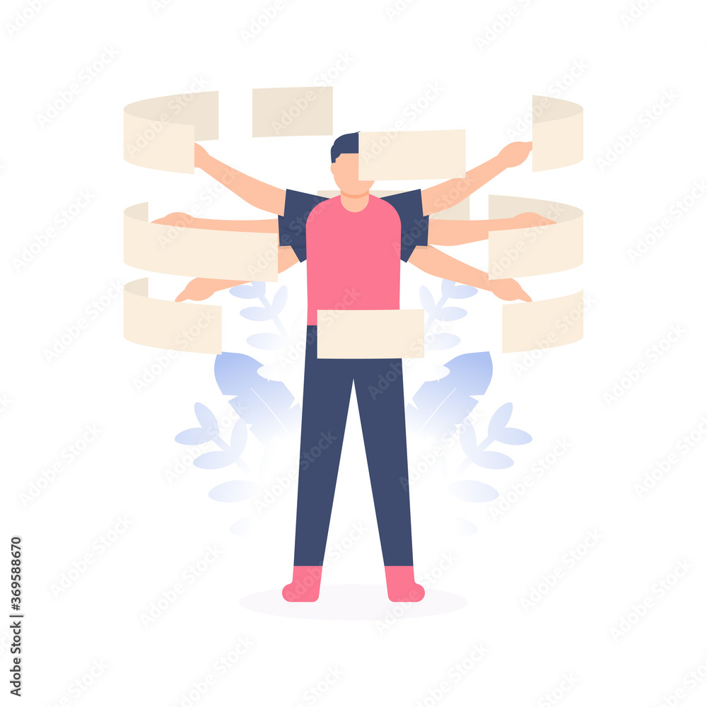 the concept of hard work, multitasking, workmanlike. illustration of a man standing while doing many tasks by using his six hands. flat design. can be used for elements, landing pages, UI, website