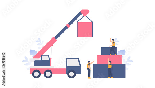 the concept of teamwork, building construction, architects. illustration of a team working together to build a tower beam using a crane truck. flat design. can be used for elements, landing pages, UI