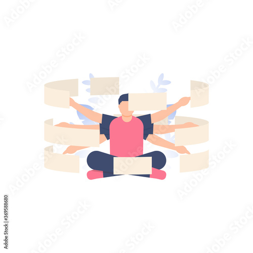 the concept of hard work, multitasking, workmanlike. illustration of a man sitting cross-legged while doing many tasks by using his six hands. flat design. can be used for elements, landing pages, UI