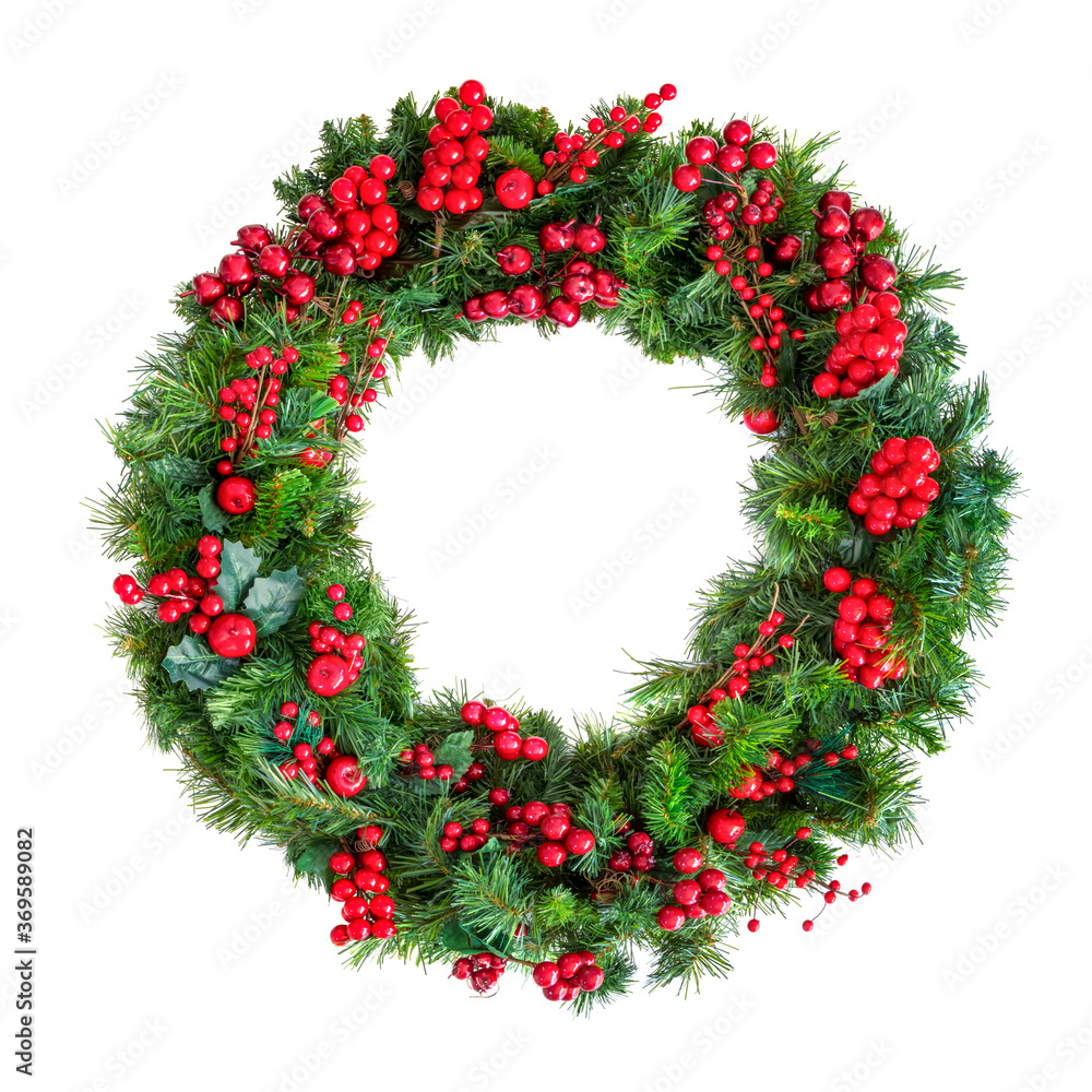 Christmas Wreath with Red Berries Isolated on White