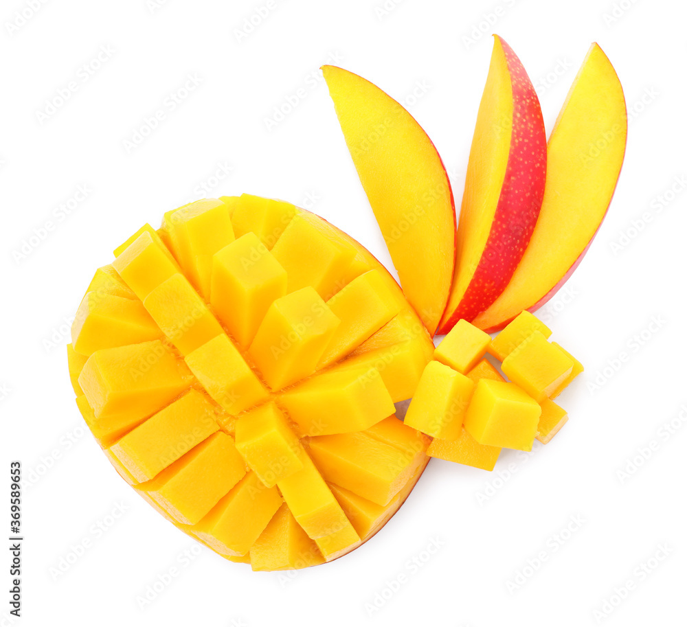 Cut ripe mango isolated on white, top view. Exotic fruit Cut ripe mango isolated on white, top view. Exotic fruit