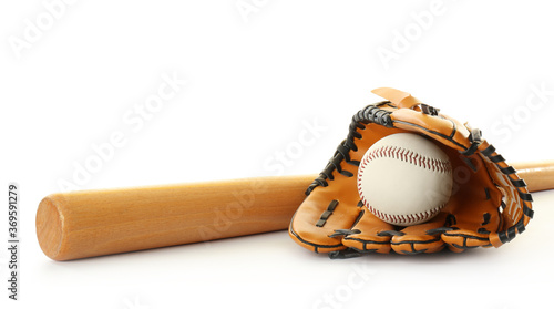 Leather baseball ball, bat and glove on white background photo