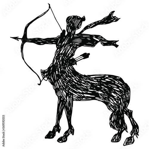 Female archer centaur shooting a bow and arrow. Fantastic creature. Half horse half woman. Hand drawn linear rough sketch. Black silhouette on white background.