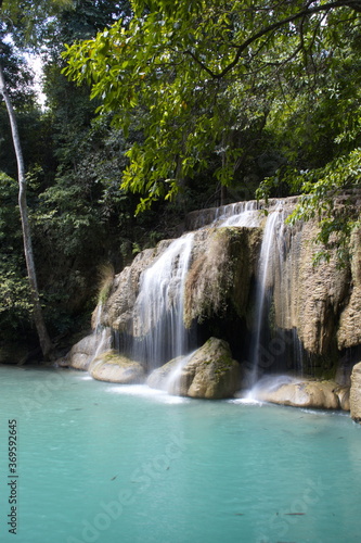 Erawan Waterfall is located in the Erawan National Park area, Kanchanaburi, Thailand
