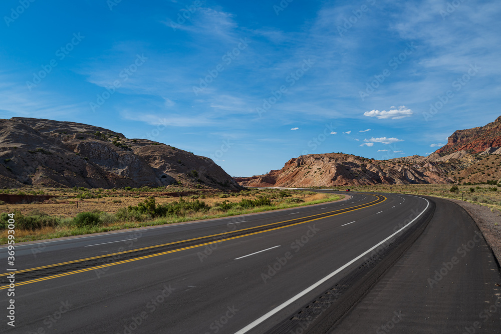 Panoramic picture of a scenic road, USA.