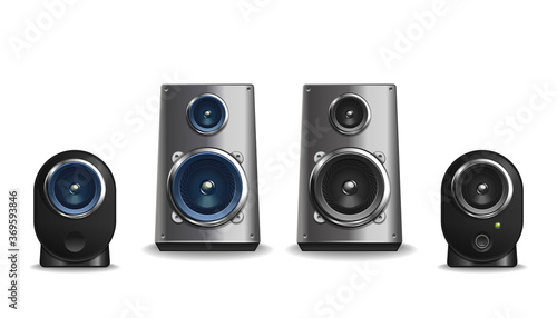 Desktop audio speakers collection of different shapes and sizes. Metal and plastic loudspeakers set. Vector illustration