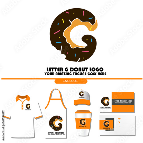 The Best and Delicious Letter G Donuts Shop Logo for Cafe and Bakery. Bitten Chocolate Donut with Initial Lettering Logotype Vector Illustration on White Background with Brand Identity include Shirt. 