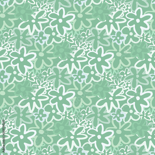 Simple soft seamless daisy pattern in pastel tones. Light green background and white contoured chamomile elements.