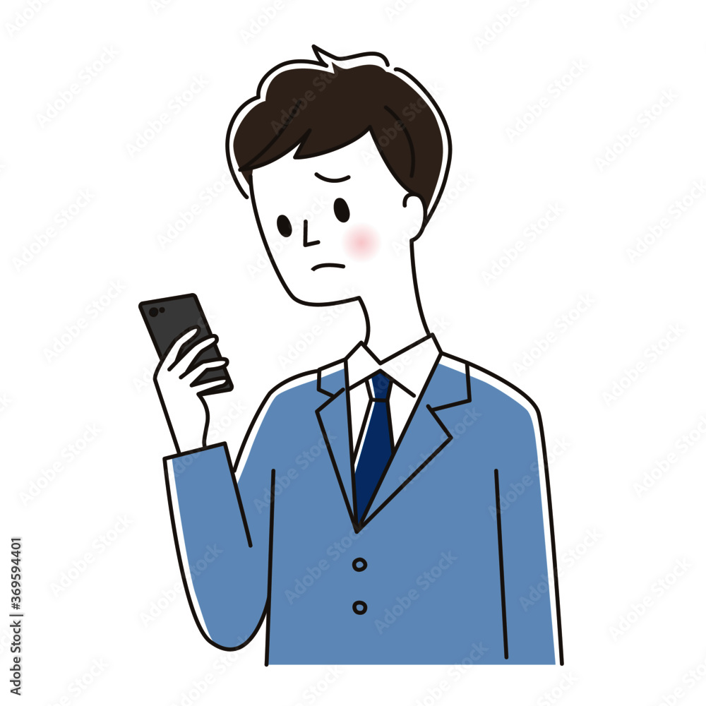 スマホを持って困惑するスーツの男性