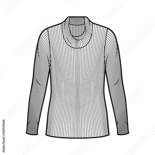 Ribbed cowl turtleneck knit sweater technical fashion illustration with long sleeves, oversized body, tunic length. Flat sweater apparel template front white color. Women men unisex shirt top CAD