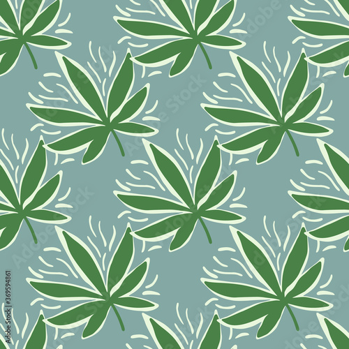 Marijuana green leaves simple seamless pattern. Green herbal silhouettes on blue background.