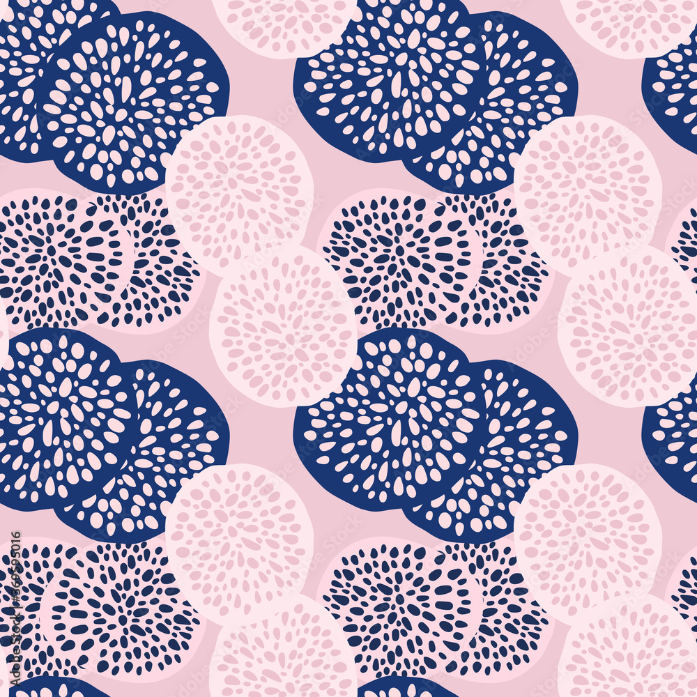 Bright pastel dot circles seamless pattern. Light pink background with white and navy blue figures.