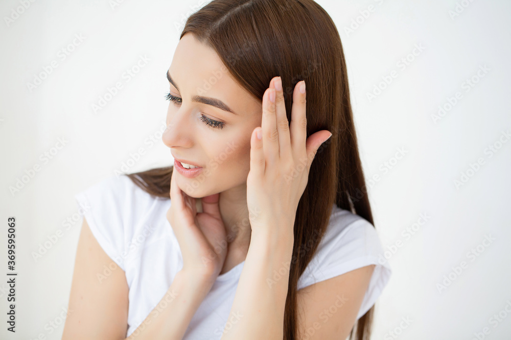 Woman with beauty face touching healthy facial skin portrait. Woman with beauty face touching healthy facial skin portrait.