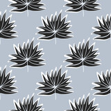 Foliage tropical leaves seamless pattern with gray background. Black floral ornament with white contour.