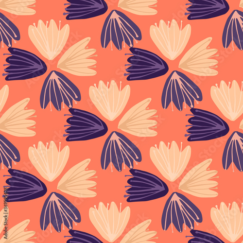 Yellow and purple color tulip buds seamless pattern. Soft coral background. Simple backdrop.