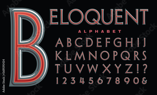 A Unique Modern Take on Classic Roman Letterforms, This Alphabet Has an Ornate Interplay of Line Shapes, Highlights and Shadows, With a Red Center Line. Eloquent Font with Subtle Color Palette.