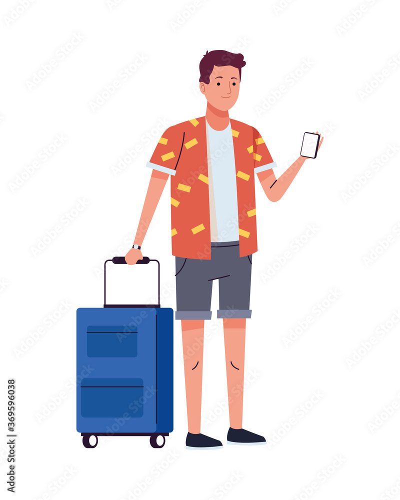young tourist man with suitcase using smartphone character young tourist man with suitcase using smartphone character