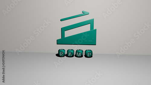 3D representation of ramp with icon on the wall and text arranged by metallic cubic letters on a mirror floor for concept meaning and slideshow presentation. illustration and airport