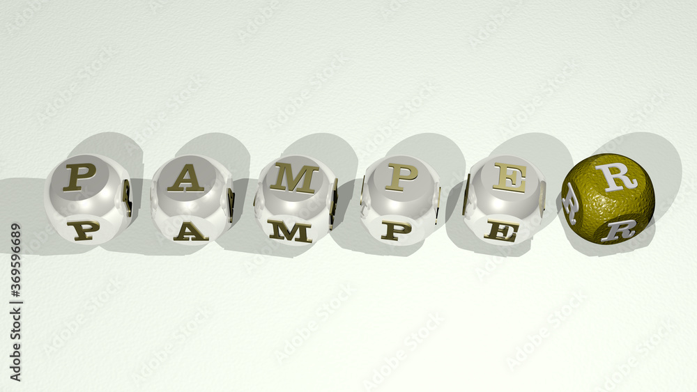 PAMPER combined by dice letters and color crossing for the related meanings of the concept PAMPER combined by dice letters and color crossing for the related meanings of the concept