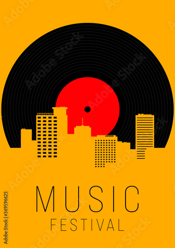 Music poster design template background with vinyl record and urban cityscape