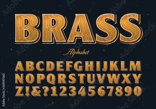 A Vector Alphabet Stylized with a Brass Wavy Ribbed Metal Effect. Old Style or Antique Font with Metallic Finish for Hipster Branding or Label Graphic.