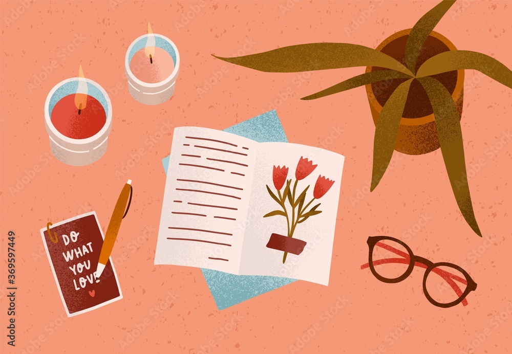Notepad or diary with dry beautiful flower and writing text surrounded by cosiness things on desk vector flat illustration. Top view of cozy workplace organization with candles, accessories and plant - obrazy, fototapety, plakaty 