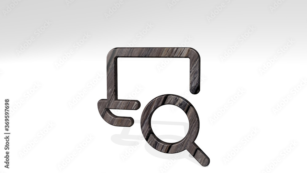 LAPTOP SEARCH casting shadow with two lights. 3D illustration of metallic sculpture over a white background with mild texture. computer and business LAPTOP SEARCH casting shadow with two lights. 3D illustration of metallic sculpture over a white background with mild texture. computer and business