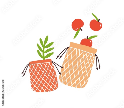 Zero Waste durable and reusable bags for grocery carry vector flat illustration. Shopping package in eco friendly, no plastic and go green style isolated. Grid shopper bag with fruits and greenery