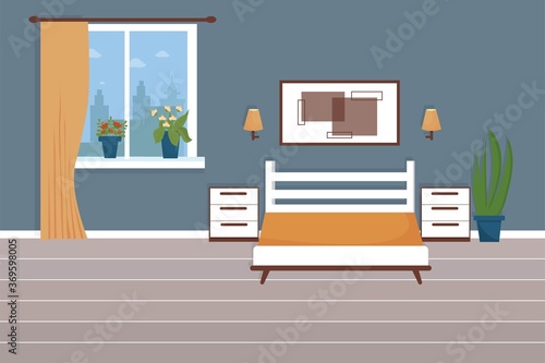 Modern, stylish bedroom interior of house or hotel stock vector illustration with bed, window, nightstand, picture. 