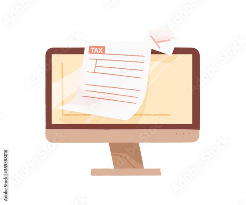 Monitor of computer demonstrate open email with tax form blank vector flat illustration. Online personal taxation, income or revenue calculation isolated. Internet banking or payment service