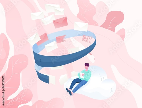 Relaxed man sitting on cloud and reading paper letter vector illustration. Guy check incoming correspondence. Verification inbox message, email filtering, anti-spam software concept