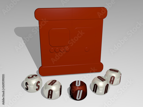 3D illustration of SAUNA graphics and text around the icon made by metallic dice letters for the related meanings of the concept and presentations. bath and care photo