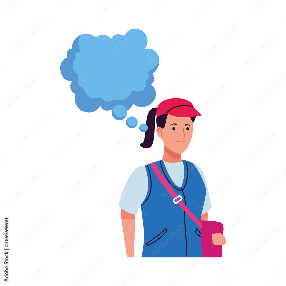 young tourist woman with travelbag and speech bubble character young tourist woman with travelbag and speech bubble character