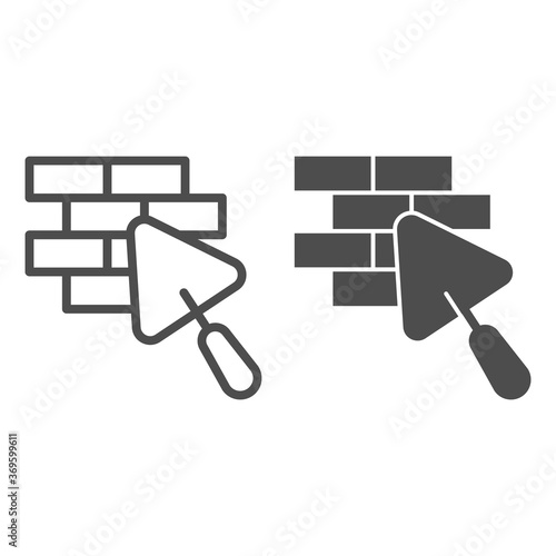 Brickwork and trowel line and solid icon, house repair concept, Bricklaying sign on white background, Brick wall trowel icon in outline style for mobile concept and web design. Vector graphics.