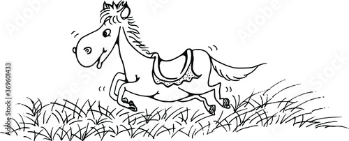 Vector cartoon horse running on the meadow