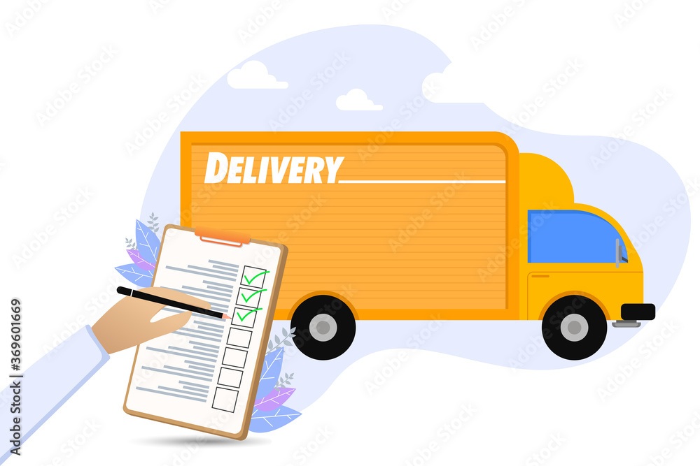 delivery car with a checklist of goods