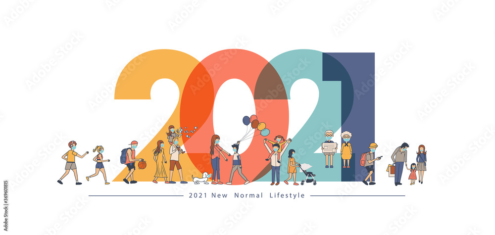 Fototapeta premium 2021 New year with New normal lifestyle ideas concept. People wearing mask in flat big letters design. Vector illustration modern layout template