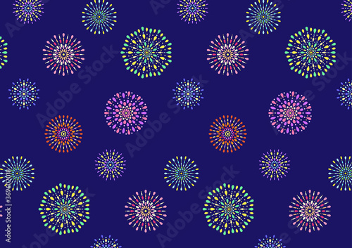 花火　夏　 着物　シームレス　パターン　fireworks kimono　seamless pattern