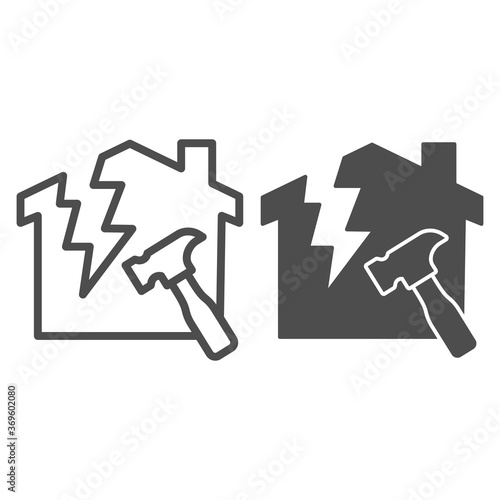 House with a crack and hammer line and solid icon, house repair concept, Reconstruction sign on white background, Destroyed building with hummer icon in outline style for mobile, web. Vector graphics.