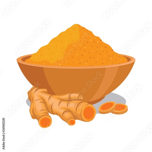 Turmeric powder in the bowl with turmeric illustration 