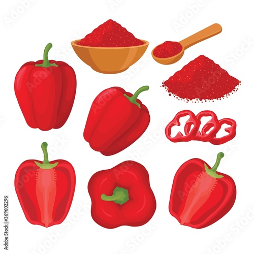 Red paprika vector set illustration with whole and sliced paprika