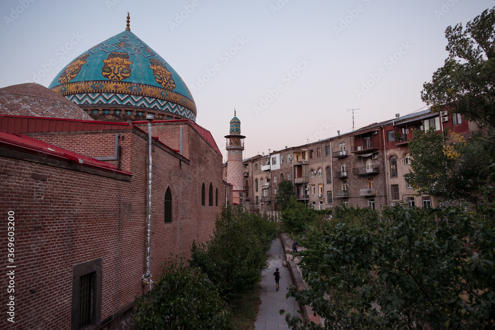 mosque with colorful and beautifully decorated minaret and dome in the capital of Armenia